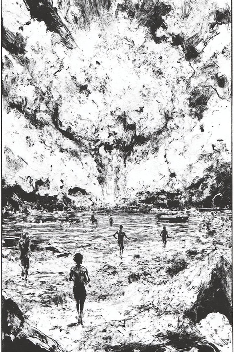 giant explosion caused by a bomb, clear sky, high quality, (full shot), with people running, on the shore of the beaches of Santa Elena in Ecuador, a black and white, line art