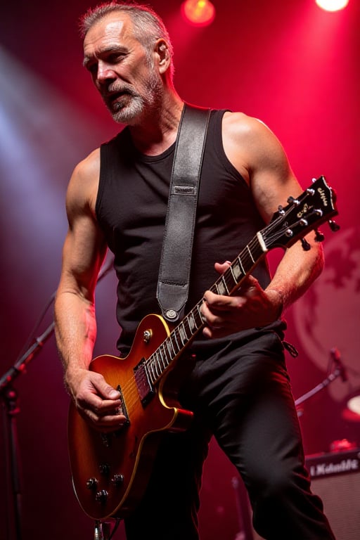 portrait of strong man 50 y.o. full body With a guitar at a rock concert in style of modern in the world of steampunk boke...