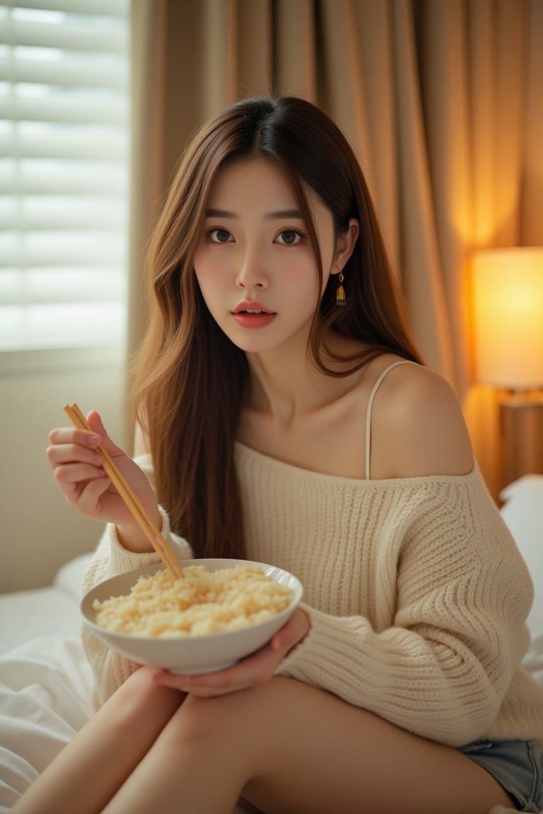 photograph,  Softly lit solo photo of a girl sitting on the bed,  she is eating rice by One thought on Tensor.Art