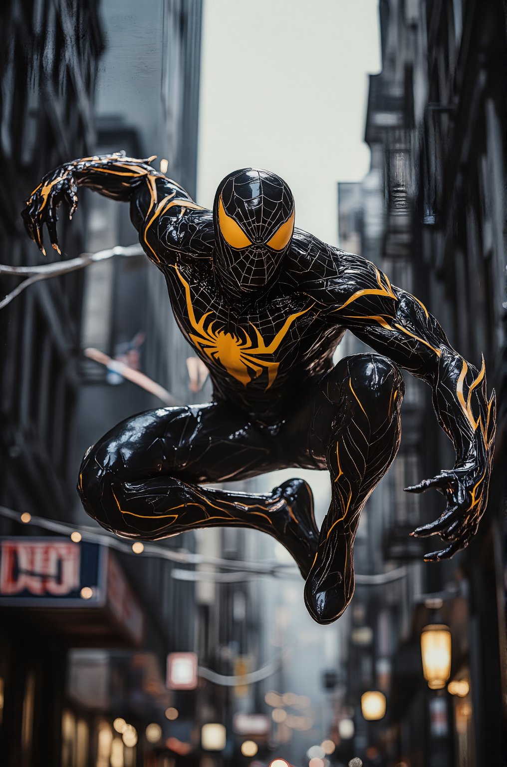 spiderman with gold color symbiote and use black color to embellishment.
He is swinging between the towers