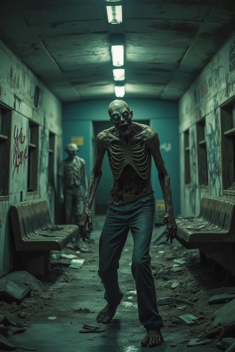 A half-medium shot of a zombie on a ruined hospital, its interior littered with debris and graffiti. graffiti reads " we were here" The zombie, with torn clothing and exposed bones, stands amidst the chaos, its expression vacant and menacing. The lighting is dim, with flickering fluorescent lights casting eerie shadows. The composition captures the zombie from the waist up, emphasizing its decayed state and the disarray of the train, creating a sense of desolation and danger. Hopita equipment boken ang ruied