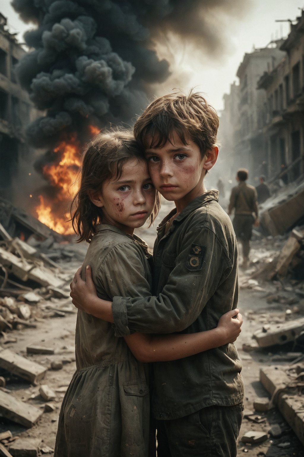 Two orphaned children embrace in the middle of war. A boy and a girl,  both around 10 years old,  wearing torn and dirty c...