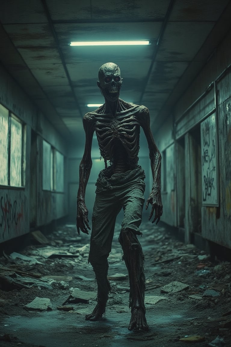 A half-medium shot of a zombie on a ruined hospital, its interior littered with debris and graffiti. graffiti reads " we were here" The zombie, with torn clothing and exposed bones, stands amidst the chaos, its expression vacant and menacing. The lighting is dim, with flickering fluorescent lights casting eerie shadows. The composition captures the zombie from the waist up, emphasizing its decayed state and the disarray of the train, creating a sense of desolation and danger. Hopita equipment boken ang ruied