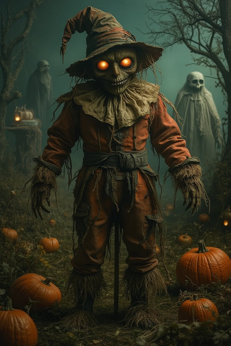 A grotesque fairytale scene featuring a scarecrow in a Halloween setting. The scarecrow is dressed in tattered clothing, with a sinister expression and eerie, glowing eyes. The scene is framed in a medium shot, with a mix of dim and moody lighting, casting spooky shadows. The composition is unsettling, with jack-o'-lanterns, cobwebs, and ghostly apparitions in the background. The location is a haunted field, blending the whimsical with the macabre.