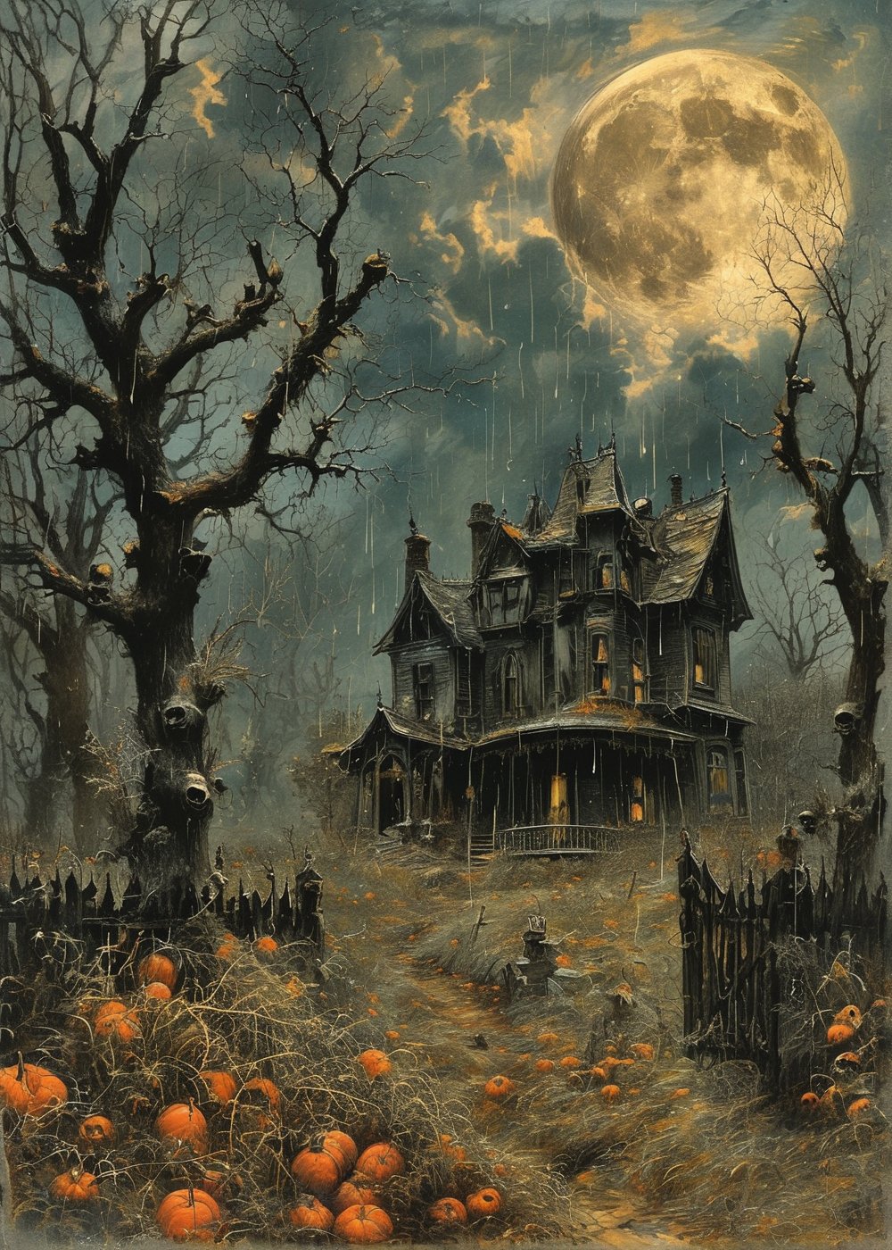 Haunted house horror Gustave Doré Greg Rutkowski sinister by Greg Rutkowski Rainy cemetery jack o lanterns on the ground, full moon, hyper realistic