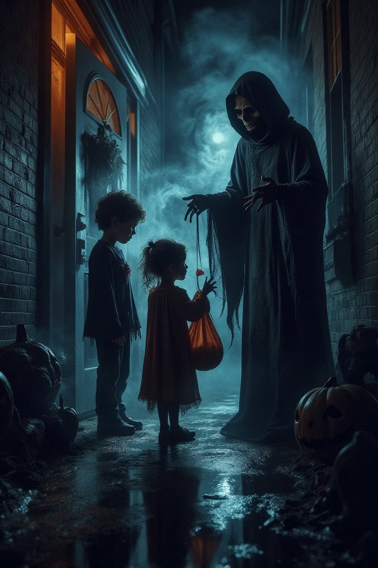 children with solid black eyes,  standing in front of an open door on Halloween night holding out a bag for trick-or-treating.   Woman of household acts terrified.  She is passing out small candy treats.