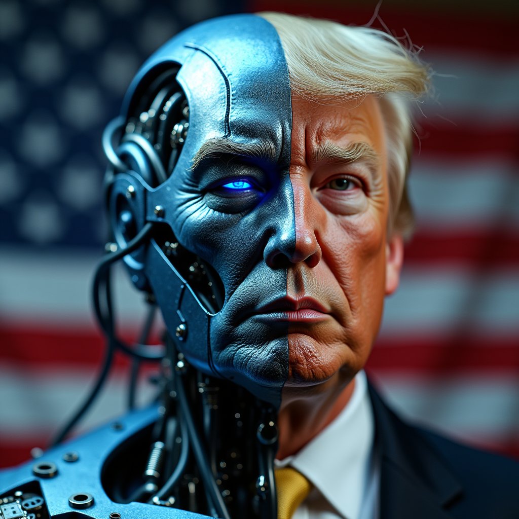 Close-up shot of a cyborg man's face, with a striking fusion of human Donald Trump and robotic features. The left half of his face is covered in intricate, high-detailed robot textures, complete with glowing blue circuitry and metallic sheen. The right half remains distinctly human Donald Trump, showcasing soft, pale skin and subtle facial expressions. The contrast between the two halves creates a captivating visual tension. Background American flag, printed boldly ' Trumpinator'