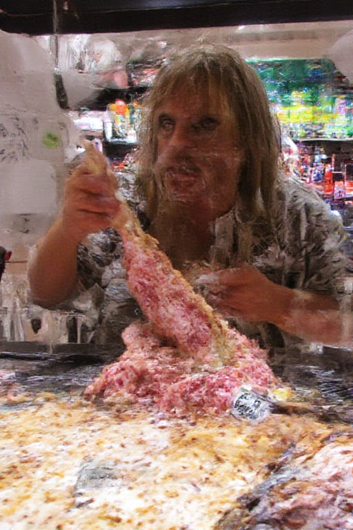 photo of very ugly looking man eating raw meat in a grocery store