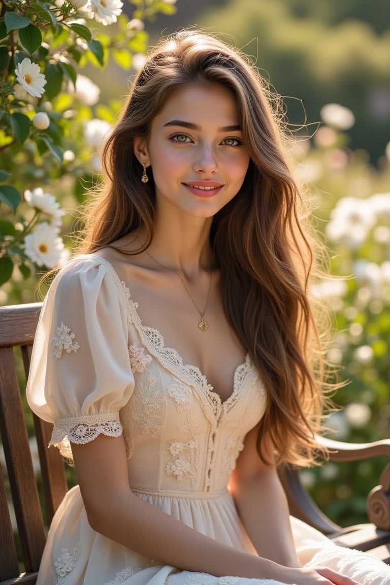 A beautiful young woman with long flowing brown hair,  sitting on a garden bench,  hands gently folded in front of her che...