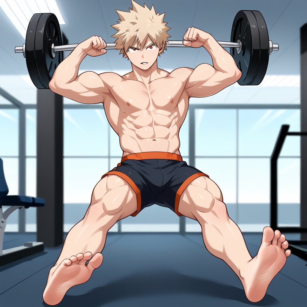 A full-body shot of Katsuki Bakugou and Denki Kaminari, both flexing their abs with intense expressions, standing barefoot in a gym setting. Their feet soles are clearly visible, and Bakugou's muscles are prominently defined with a noticeable bulge in his athletic shorts, while Kaminari shows off his toned physique. The lighting is dramatic, highlighting their muscular forms, and the composition emphasizes their competitive stance.