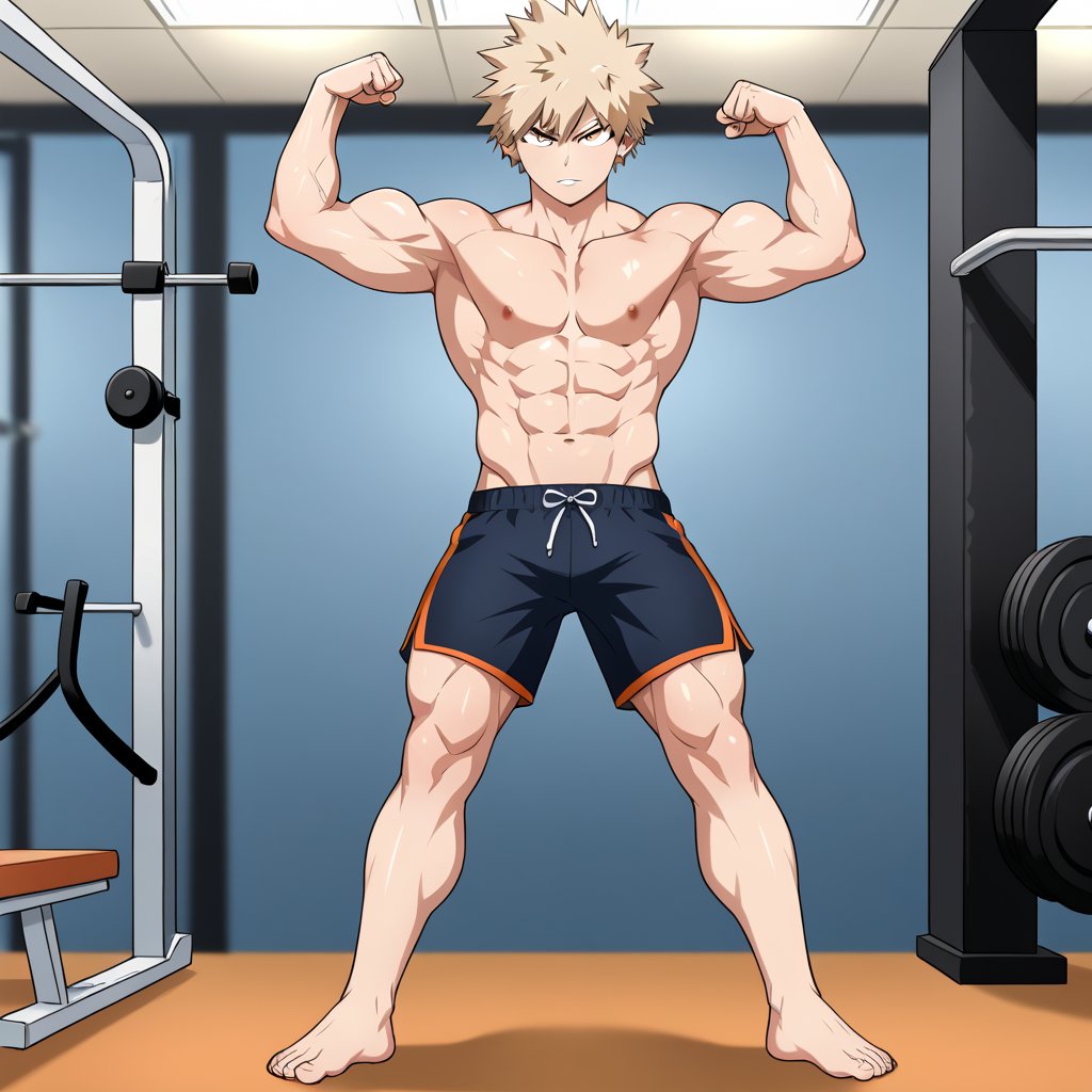 A dynamic full-body shot of Katsuki Bakugou and Denki Kaminari, both flexing their abs with intense expressions, standing barefoot in a gym setting. Bakugou's muscles are prominently defined, with a noticeable bulge in his athletic shorts, while Kaminari shows off his toned physique. The lighting is dramatic, highlighting their muscular forms, and the composition emphasizes their competitive stance.