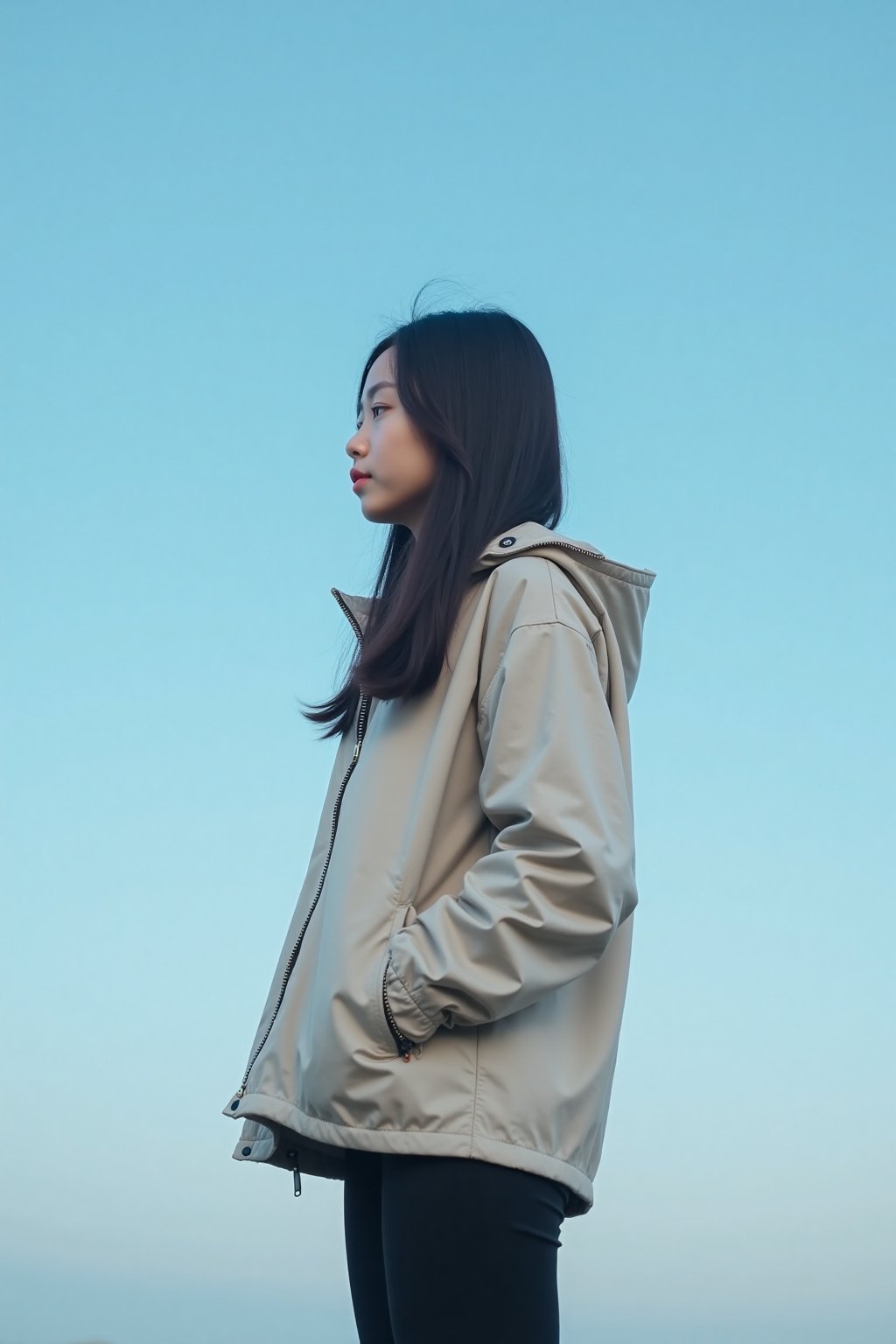 An additional long shot landscape photo showing a profile of a young Asian woman standing in front of a blue sky. This woman is wearing black leggings and a windbreaker with long hair. The entire image shows a minimalist, dreamy style.