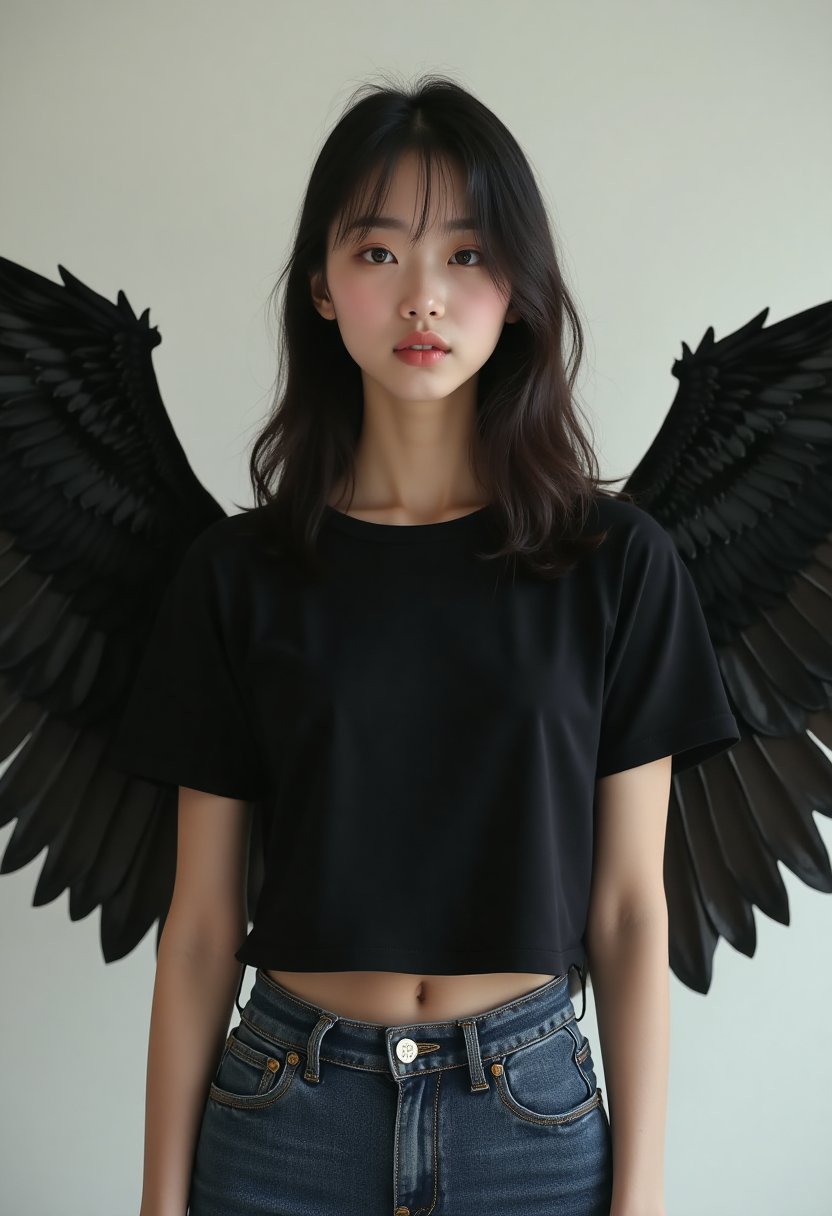 A masterpiece. A perfect model. A young Korean woman in her 20s with shoulder-length straight hair and wings in a black cropped T-shirt and jeans that cover her shoulders..a whirring of wings