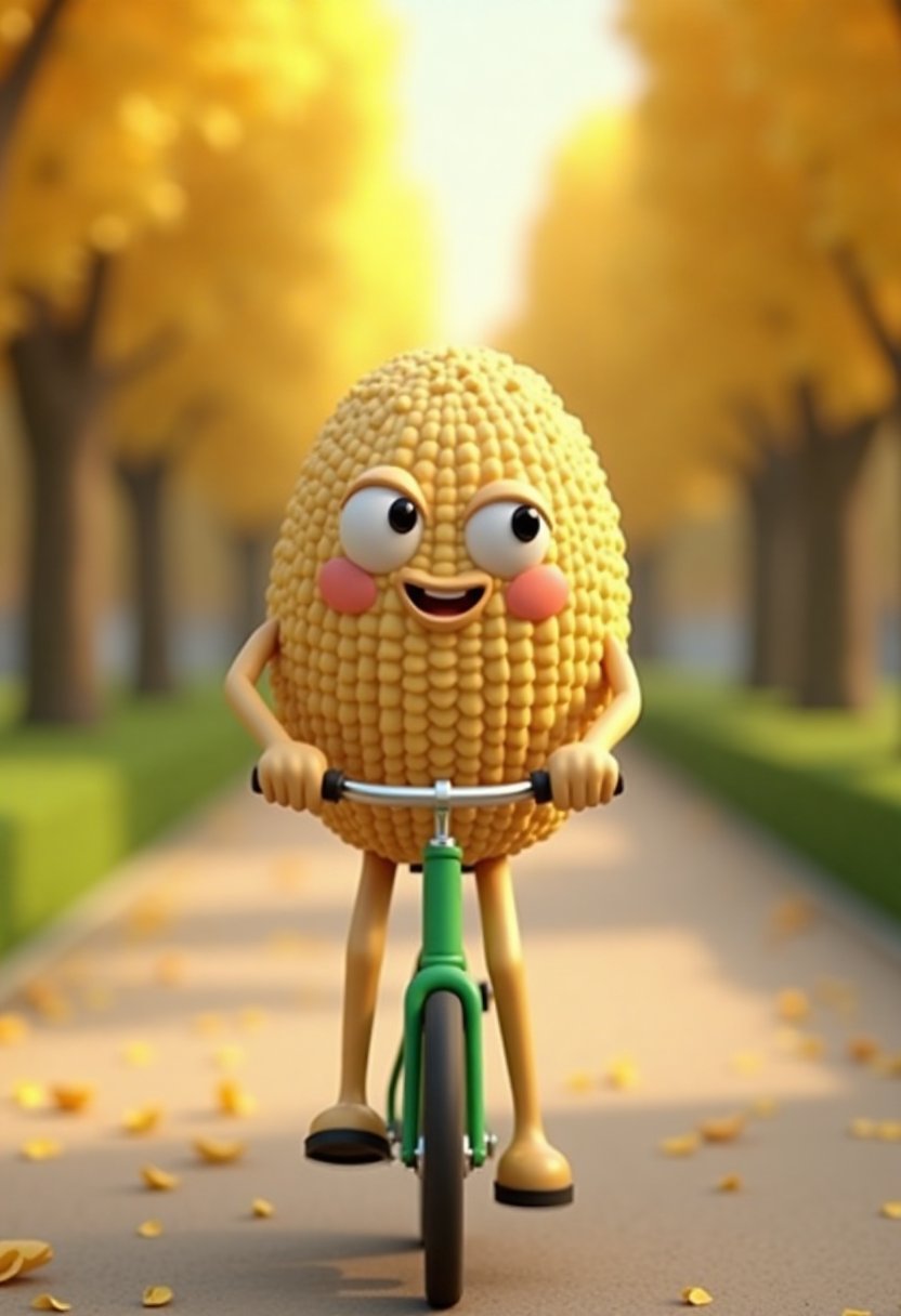 Small flat, smooth beige oval rice grain character 3D image with limbs. Moving on a green bike. In the background, it's in full bloom with street trees and late summer light