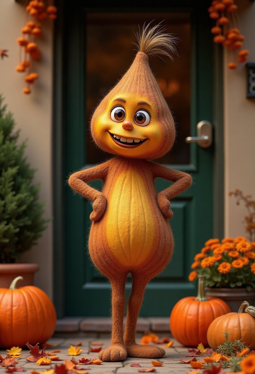 Masterpiece, top quality, absurd story, ingenious masterpiece: a fresh pine nut character posing confidently on the front door of a cozy house surrounded by the sweetness of autumn. She has a warm and charming atmosphere, making it perfect for a happy Halloween celebration