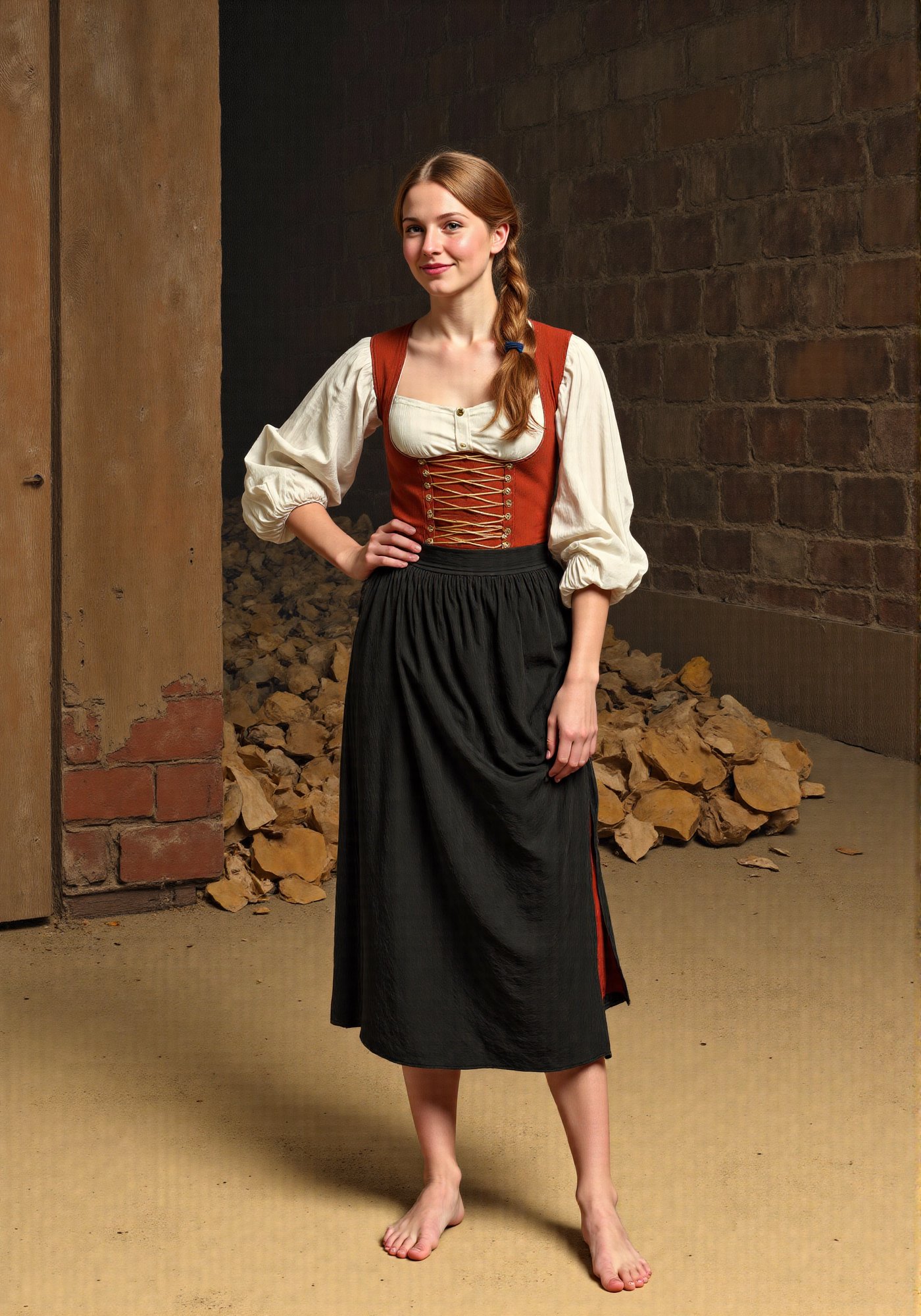 beautiful 25 year old medieval german woman, smile, dirndl, barefoot.  masterpiece artwork,, masterpiece artwork, intricate detail, dynamic composition, beautiful lighting, CharlesDG