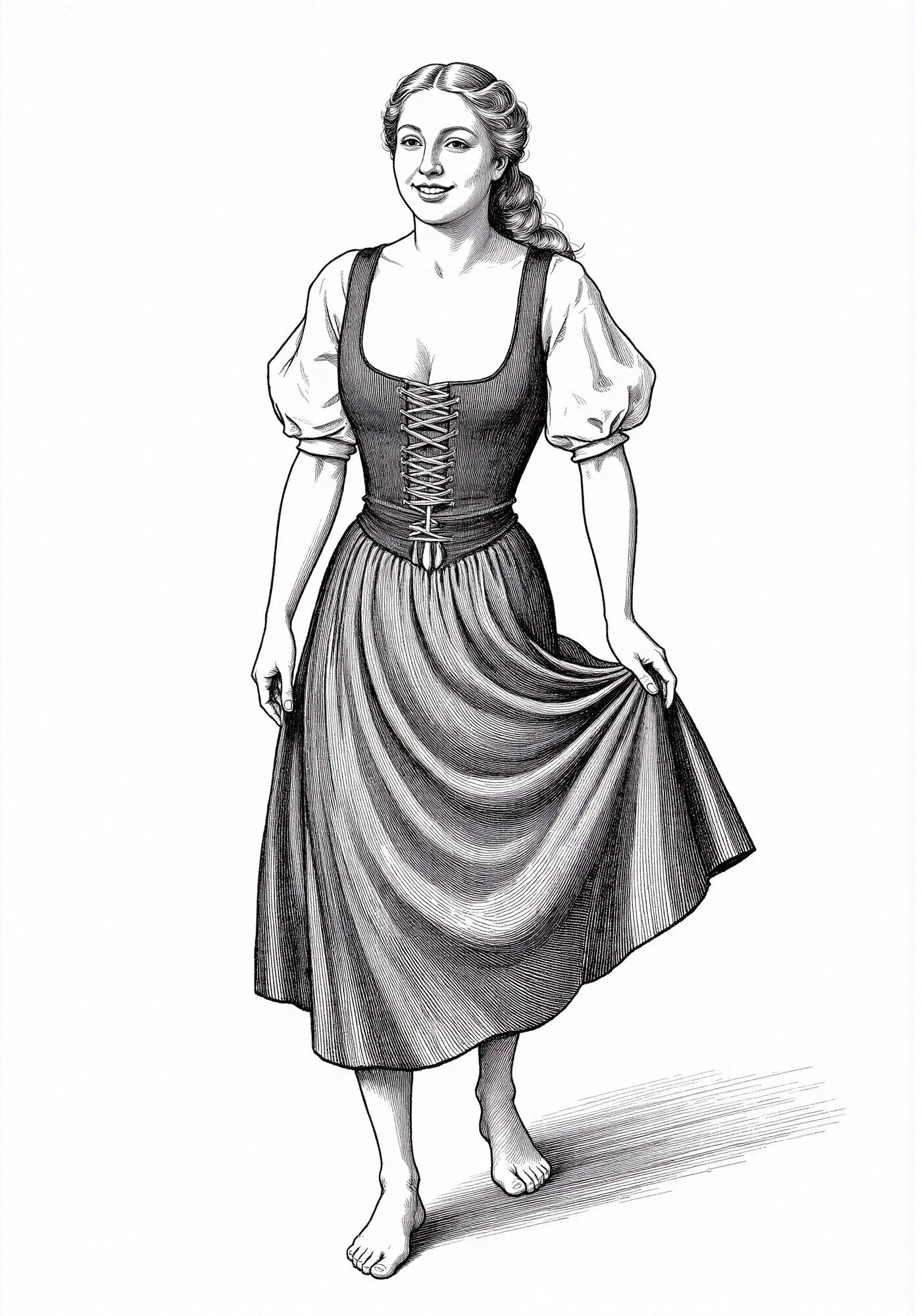 (Ink style drawing:1.2), beautiful 25 year old medieval german woman, smile, dirndl, barefoot.  masterpiece artwork,, masterpiece artwork, intricate detail, dynamic composition, beautiful lighting, CharlesDG