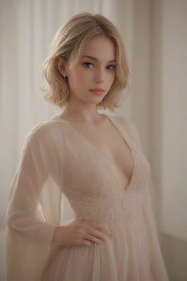 A young girl with an exceptionally large bust,  standing in a soft,  natural light. She is wearing a form-fitting dress th...