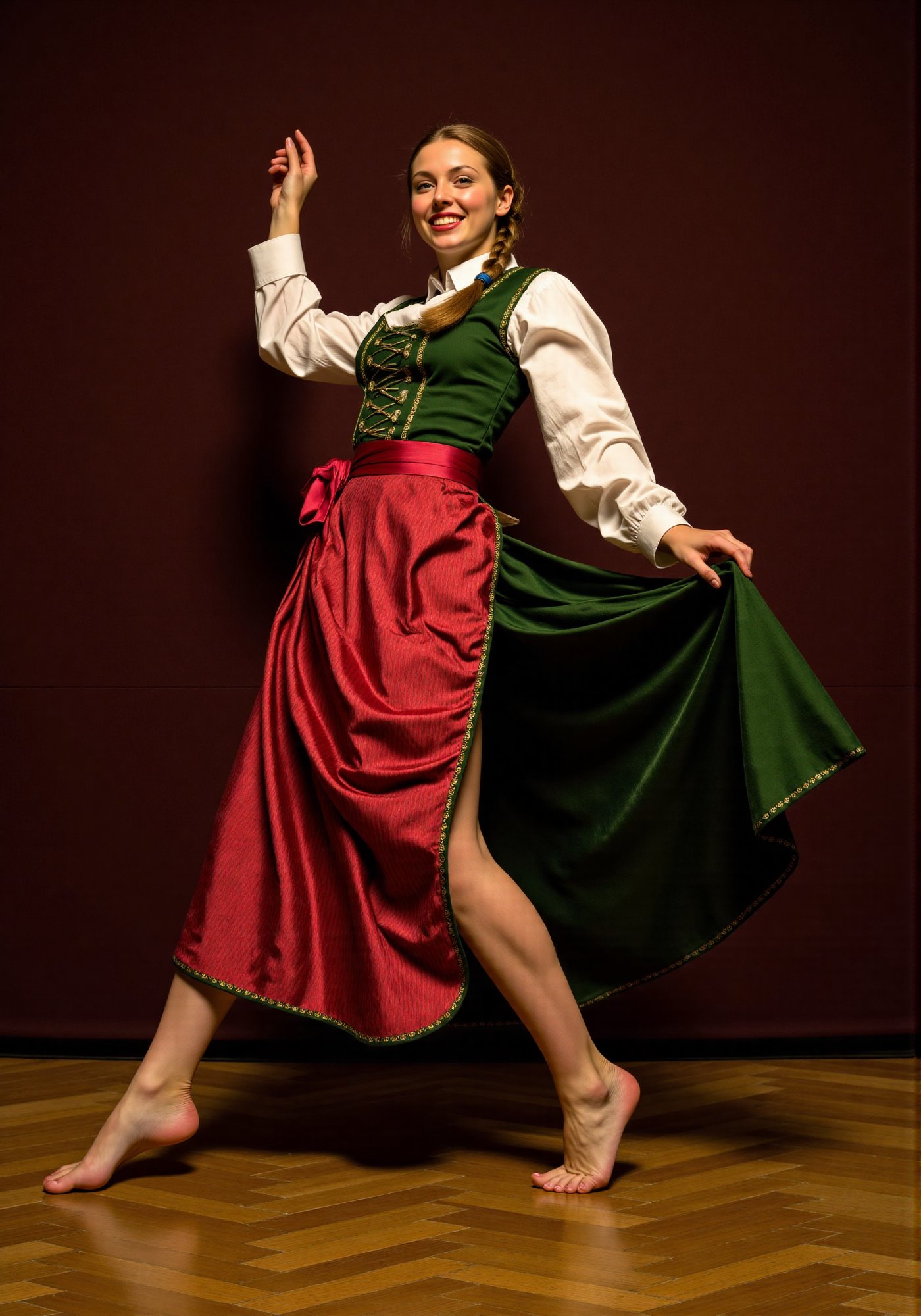 beautiful 25 year old medieval german woman, smile, dirndl, barefoot.  masterpiece artwork,, masterpiece artwork, intricate detail, dynamic composition, beautiful lighting, CharlesDG, dancing, low-angle shot, from below