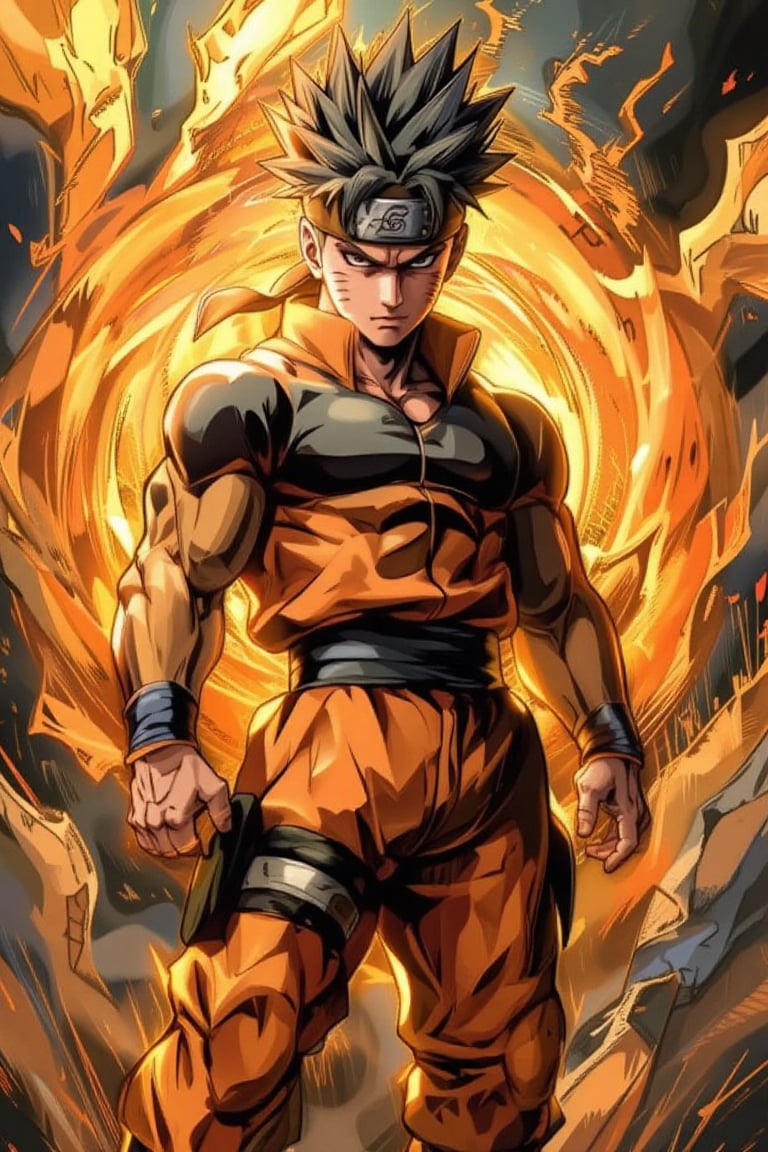 A dramatic, high-contrast shot: Naruto, eyes blazing with intense determination, stands in a bold, golden-lit stance. His orange jumpsuit is tattered and worn, as if from the intense struggle to contain his transforming aura. In the background, a swirling vortex of ki energy crackles, foreshadowing the imminent release of his inner Super Saiyan power.