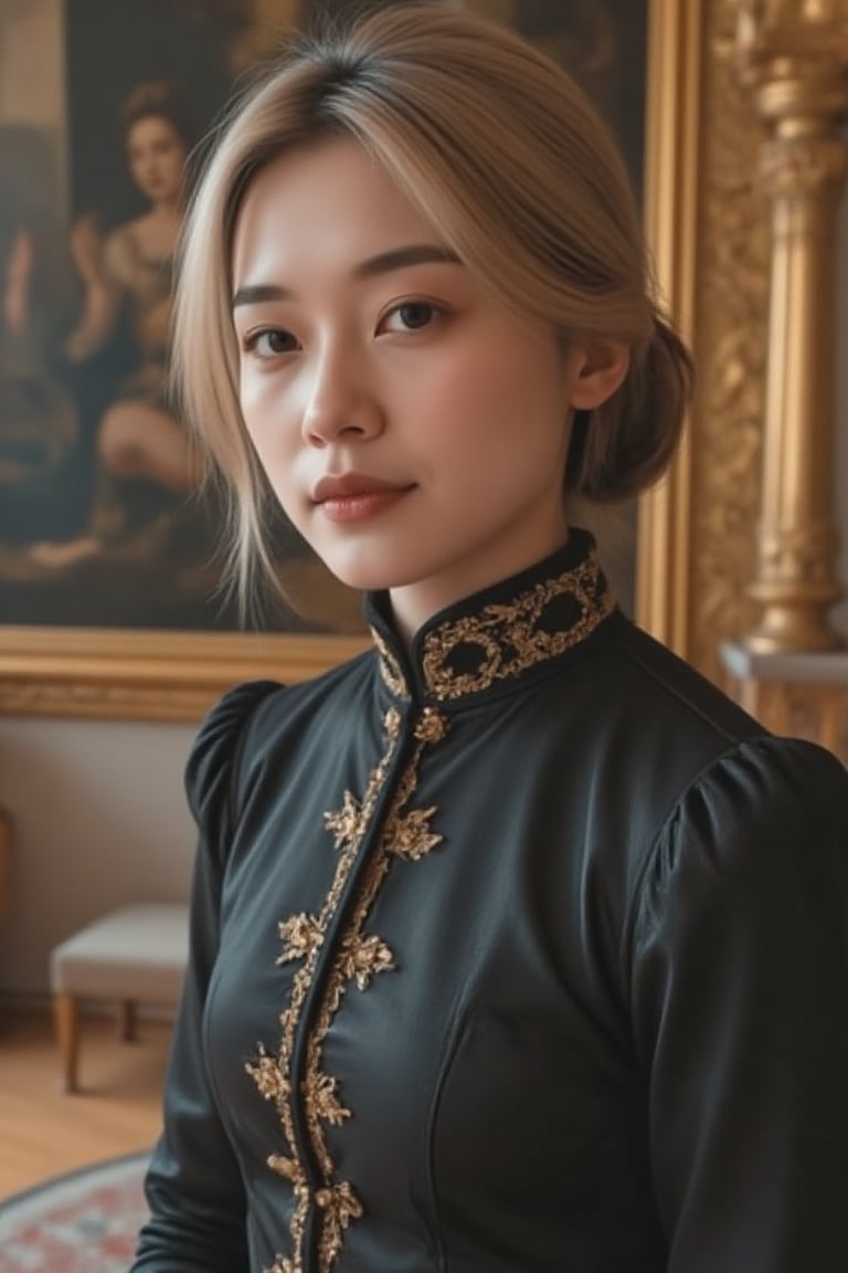 Elegantism, opulent scene, full portrait of a Victorian lady, heroic, black clothes, gold trim, castle, head and shoulders portrait, 8k resolution. (masterpiece, top quality, best quality, official art, beautiful and aesthetic:1.2), (1girl:1.4), upper body, blonde hair, portrait, extreme detailed, ,Leonardo Style,DonMF41ryW1ng5XL