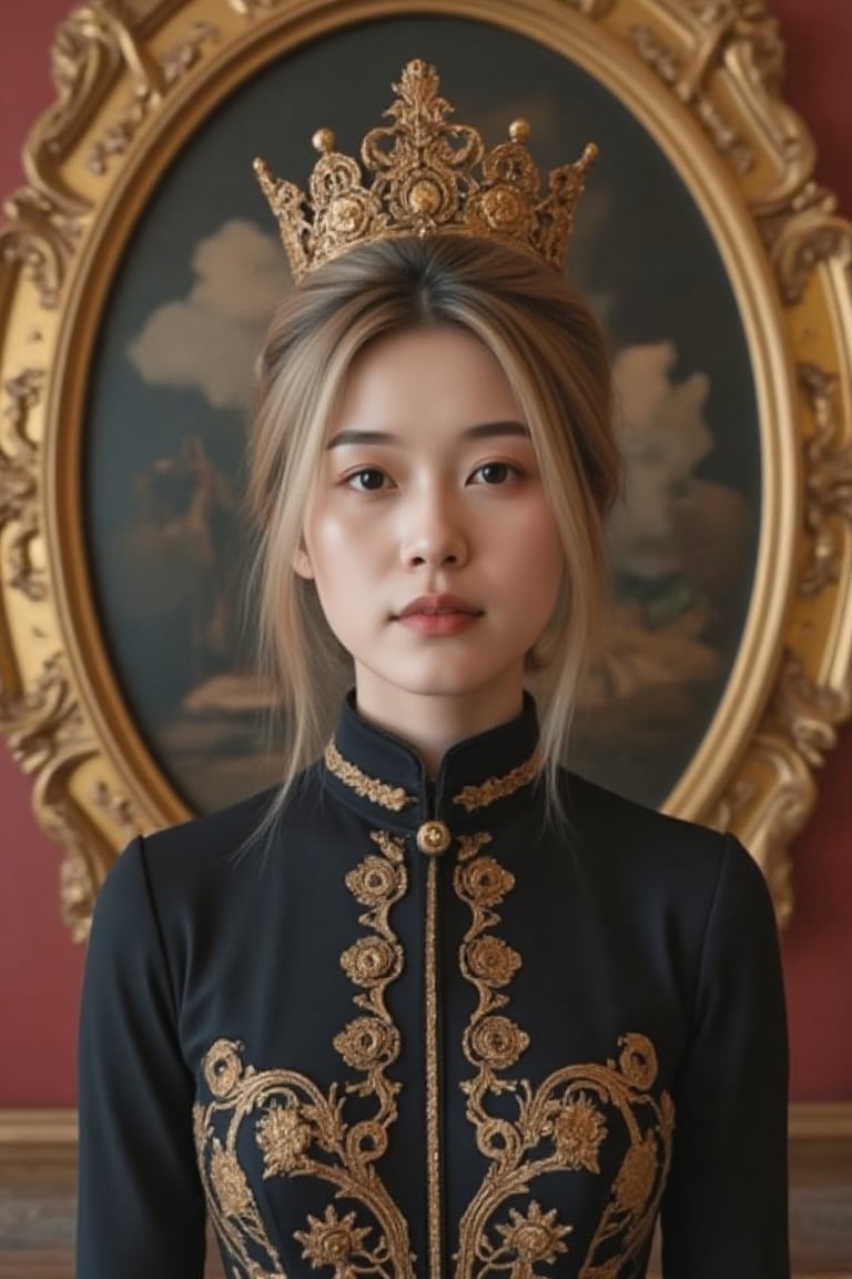 Elegantism, opulent scene, full portrait of a Victorian lady, heroic, black clothes, gold trim, castle, head and shoulders portrait, 8k resolution. (masterpiece, top quality, best quality, official art, beautiful and aesthetic:1.2), (1girl:1.4), upper body, blonde hair, portrait, extreme detailed, ,Leonardo Style,DonMF41ryW1ng5XL