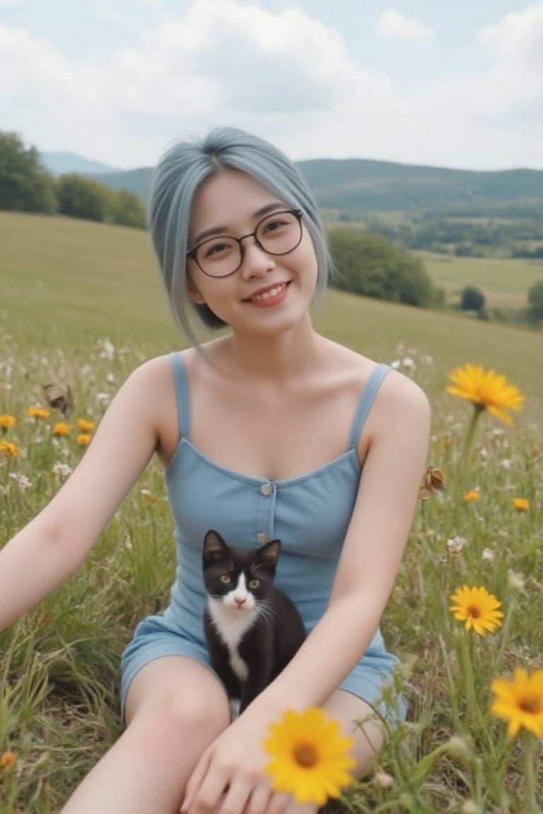 sitting in an open meadow, wild flowers and butterflies all around, happy, short light blue hair, cute summer dress, her little black and white cat sits beside her, glasses