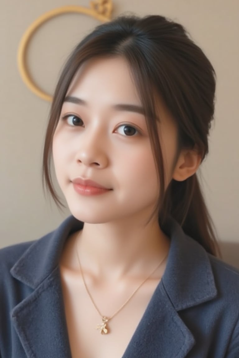 This is a high-resolution photograph of an East Asian woman with a fair complexion and straight, dark brown hair styled in a sleek, low ponytail with bangs that partially cover her forehead. She has a delicate, heart-shaped face with prominent cheekbones and a small nose. Her eyes are almond-shaped and dark, accentuated by subtle makeup, including eyeliner and mascara. She wears a light pink lipstick that complements her natural skin tone.

She is adorned with several pieces of jewelry: a delicate gold necklace with a small, four-leaf clover pendant, a matching gold hoop earring with a small star charm, and a small stud earring on her left ear. Her outfit includes a soft, fuzzy, dark blue cardigan that adds a cozy touch to her appearance. The background is minimalistic, with a neutral, beige wall that keeps the focus on her face and jewelry.

The overall style of the image is casual yet elegant, capturing a moment of personal reflection or self-expression. The lighting is soft and even, highlighting her features and the texture of her hair and clothing. The image conveys a sense of modern, minimalist fashion and personal style.,scute