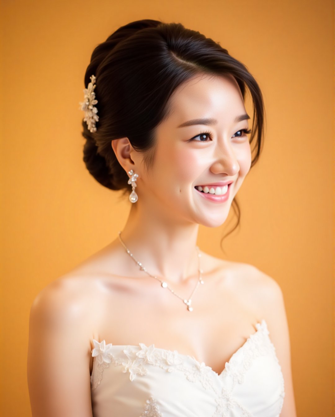 A serene wedding portrait of Seo Yea Ji: Softly lit against a warm background, the elegant bride beams with joy, her strapless white gown adorned with intricate floral details. Her delicate necklace and earrings sparkle in harmony with her subtle updo, featuring a decorative hairpiece. Radiant skin and a warm glow complete this captivating scene.