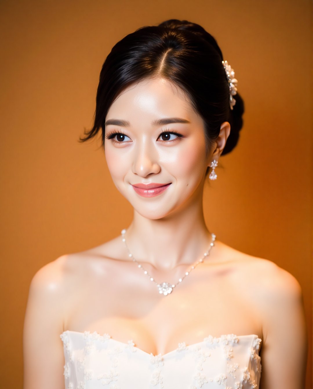 A serene wedding portrait of Seo Yea Ji: Softly lit against a warm background, the elegant bride beams with joy, her strapless white gown adorned with intricate floral details. Her delicate necklace and earrings sparkle in harmony with her subtle updo, featuring a decorative hairpiece. Radiant skin and a warm glow complete this captivating scene.