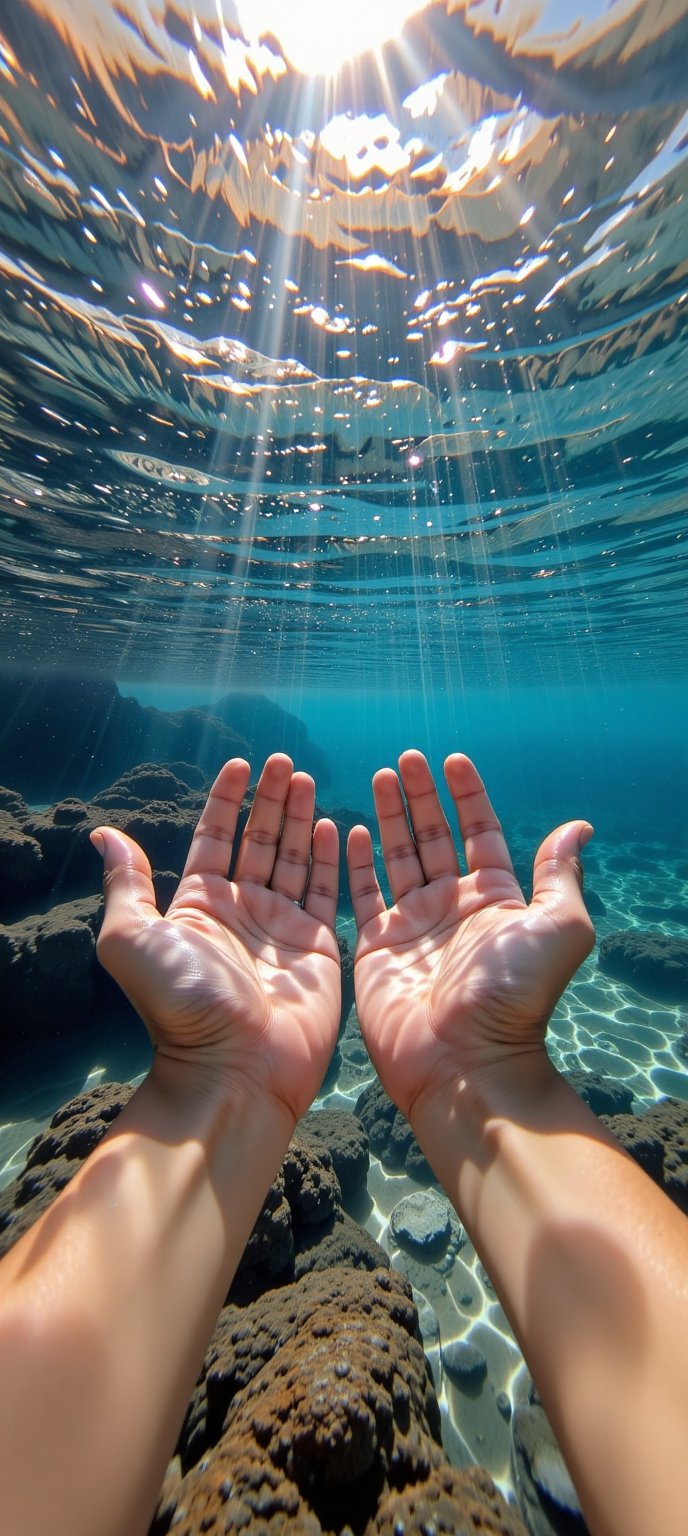Hands underwater,  stretched forward (I look at my hands as a spectator,  palms down) in the shallow sea by a beautiful re...