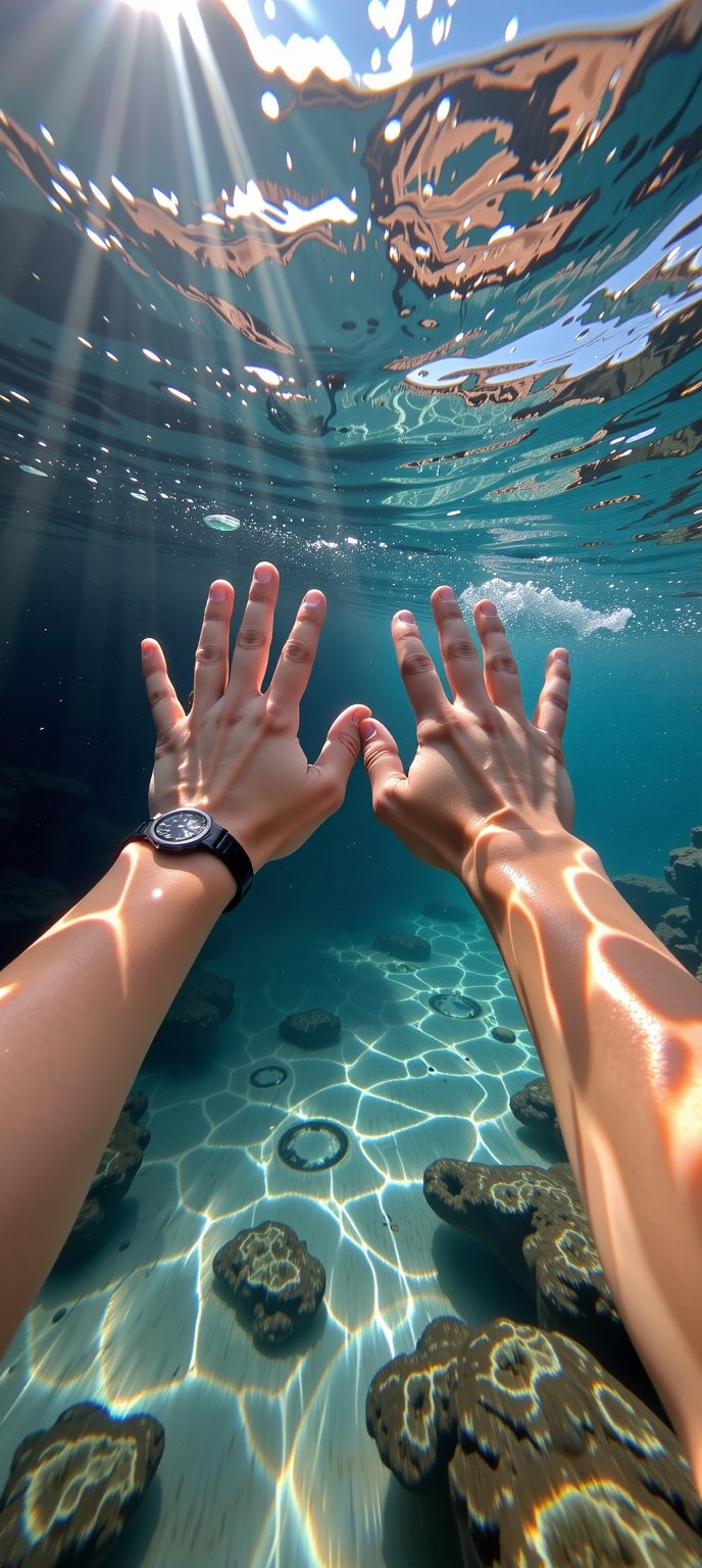 Hands underwater,  stretched forward (I look at my hands as a spectator,  palms down) in the shallow sea by a beautiful re...
