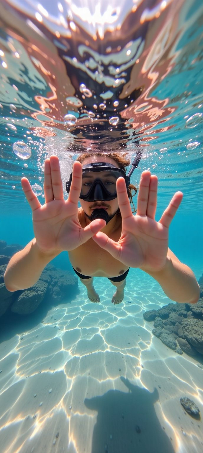 our arms stretched forward as we swim in a diving mask underwater in a shallow sea near a beautiful reef,  and see our han...
