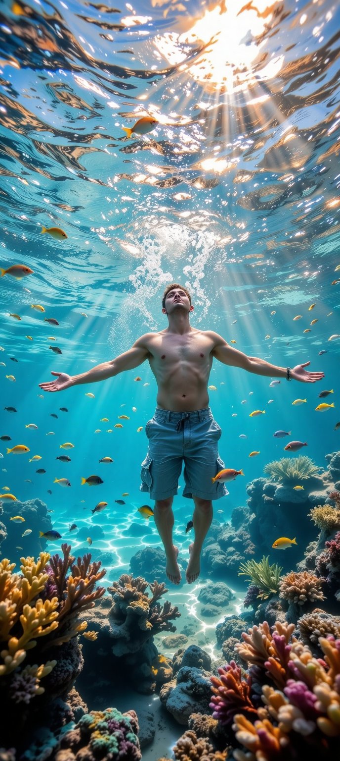 hands under water,  stretched forward (I look at my outstretched hands as a spectator) in the shallow sea near a reef with...