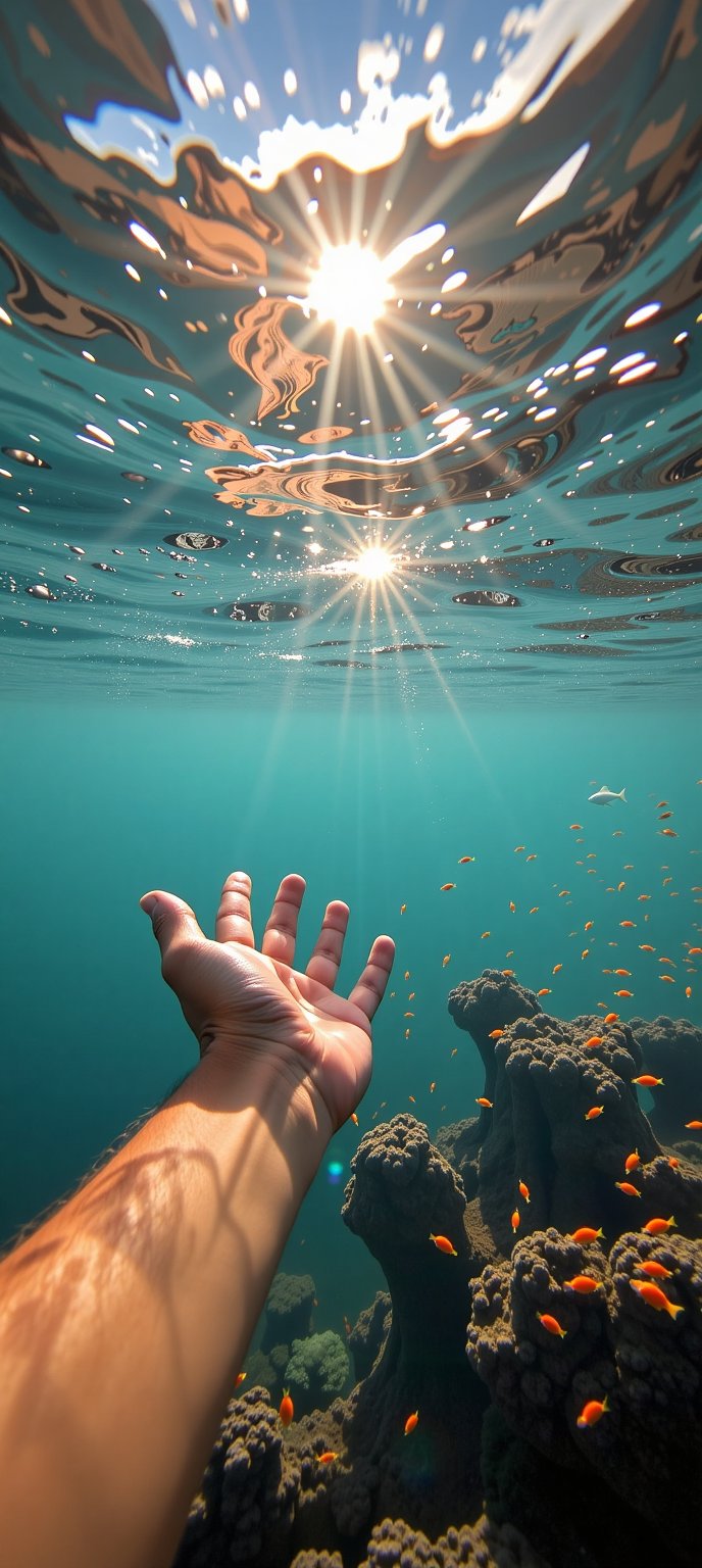 hands under water,  stretched forward (I look at my outstretched hands as a spectator) in the shallow sea near a reef with...
