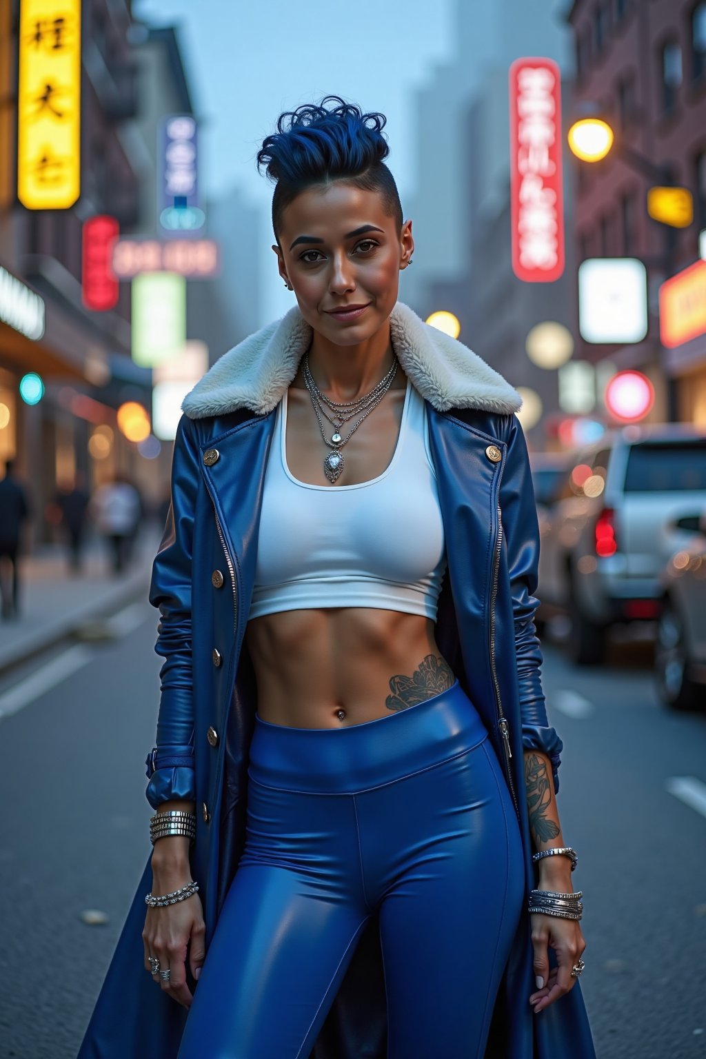 (ultra realistic,32k, masterpiece:1.2),(high detailed skin:1.1),( high quality:1.1), (masterpiece, best quality) A high-quality, photorealistic sharp photo (wide angle full body) Emmanuelle Chriqui with punk royal blue hairstyle with a shaved side, smiling a bit, tatoos on her arms, detailed silver necklaces and bracelets, wearing white latex crop top, navel, royal blue skin-tight low-rise latex pants, elegant leather royal blue coat with white fur lining. Standing with a proud attitude in the middle of a street in an upscale neighborhood, she gazes directly to the photographer. Yellow neon light coming on her face from the left. Background : blue hour, fog in in an upscale neighborhood. Details, skin texture, ((posing sexy))