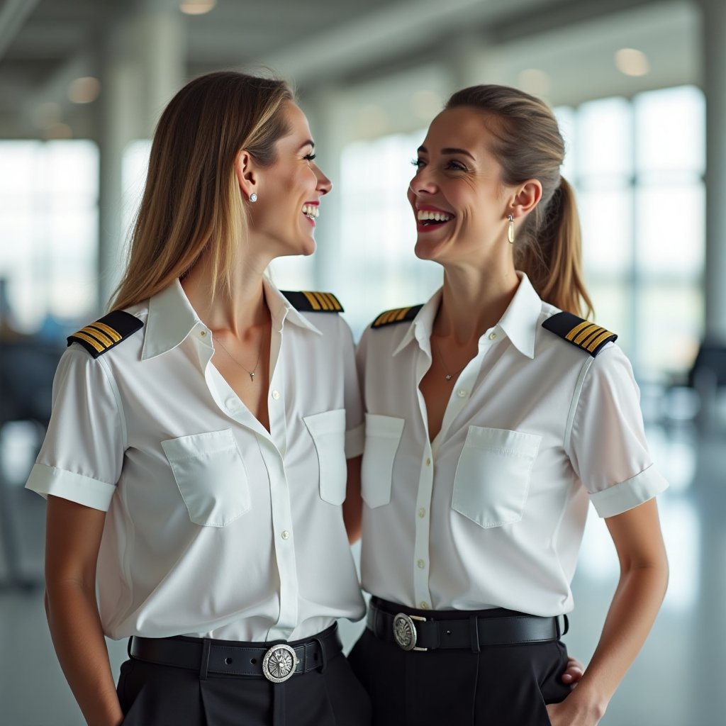 two lady in white unbuttoned pilot shirt,  laughing,  red lips by user_790499507174381492 on Tensor.Art