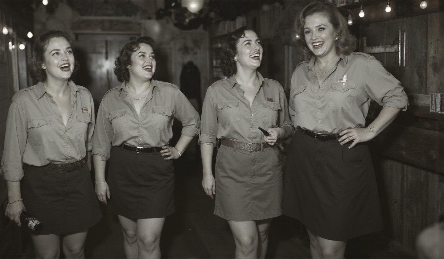 "\"An image from a silent movie,  four White curvy laughing prisoners of ww2 war ladies,  40s style by user_79049950717438...