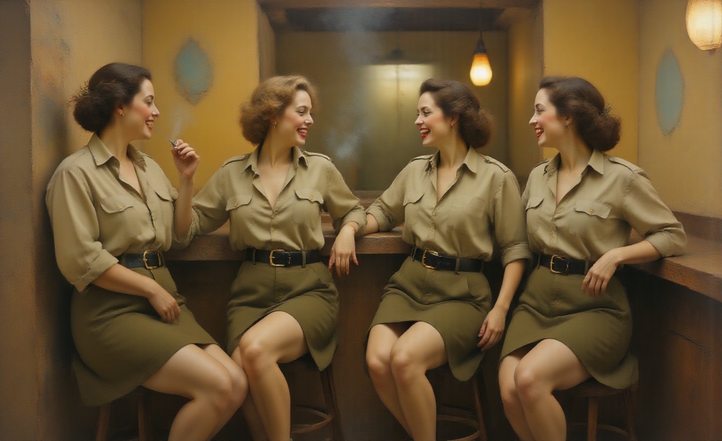 "\"An image from a silent movie,  four White curvy laughing prisoners of ww2 war ladies,  40s style by user_79049950717438...