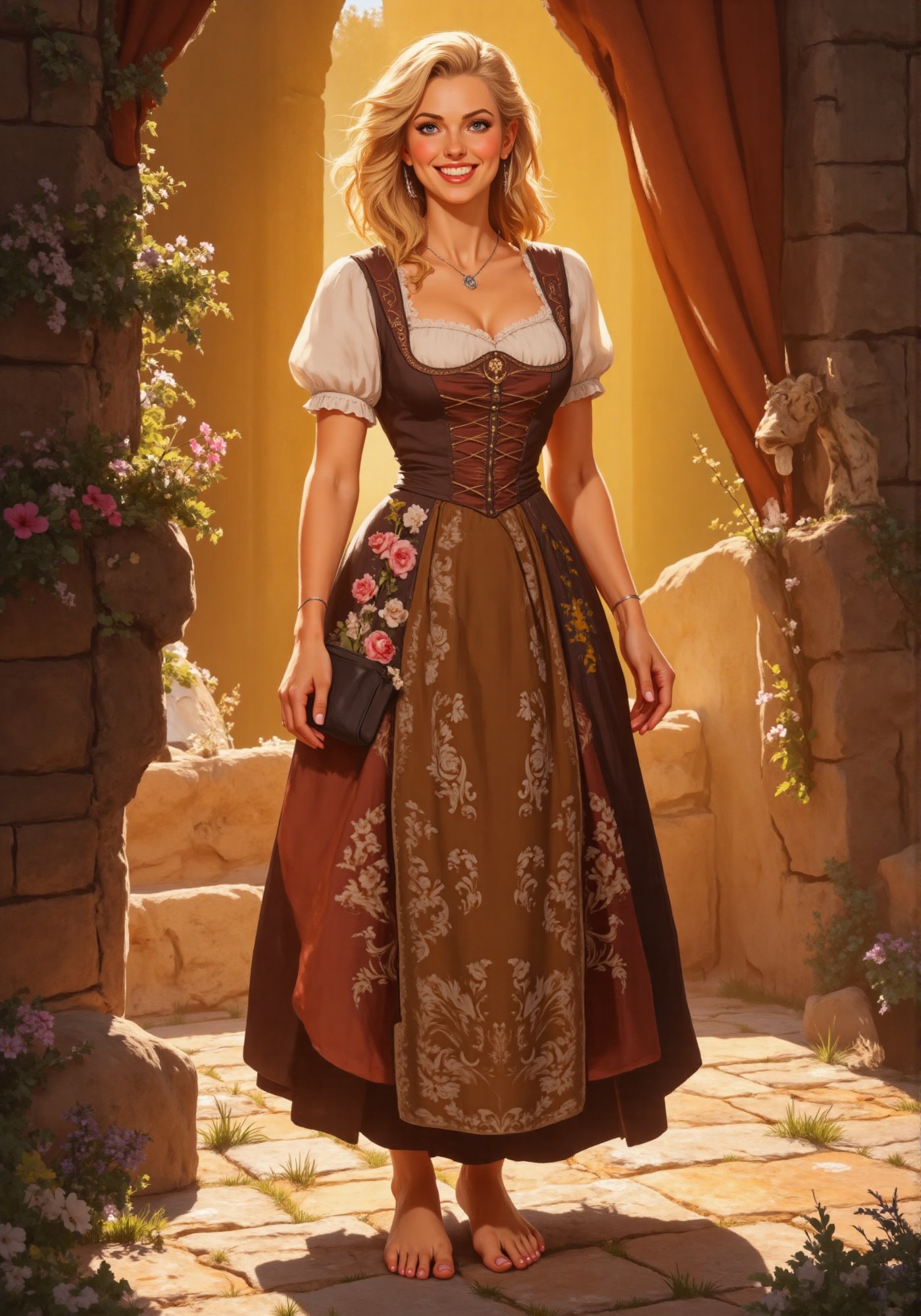 A stunning depiction of a breathtakingly lovely 25-year-old medieval German maiden, radiant with joy as she smiles warmly, her golden locks framing her porcelain skin. She wears an exquisite dirndl, cinched at the waist, and stands barefoot on a sun-kissed stone floor, bathed in warm, golden light that accentuates the intricate details of the artwork. The dynamic composition draws the viewer's eye to the subject, creating a sense of movement and energy, as if she might step out of the masterpiece at any moment.