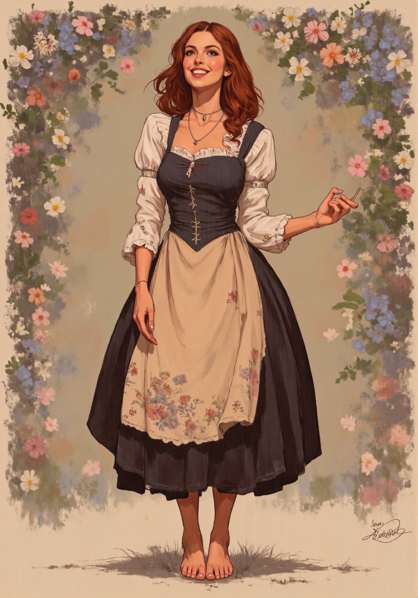 illustration. beautiful 25 year old medieval german woman, smile, dirndl, barefoot.  masterpiece artwork,, masterpiece artwork, intricate detail, dynamic composition, beautiful lighting, CharlesDG