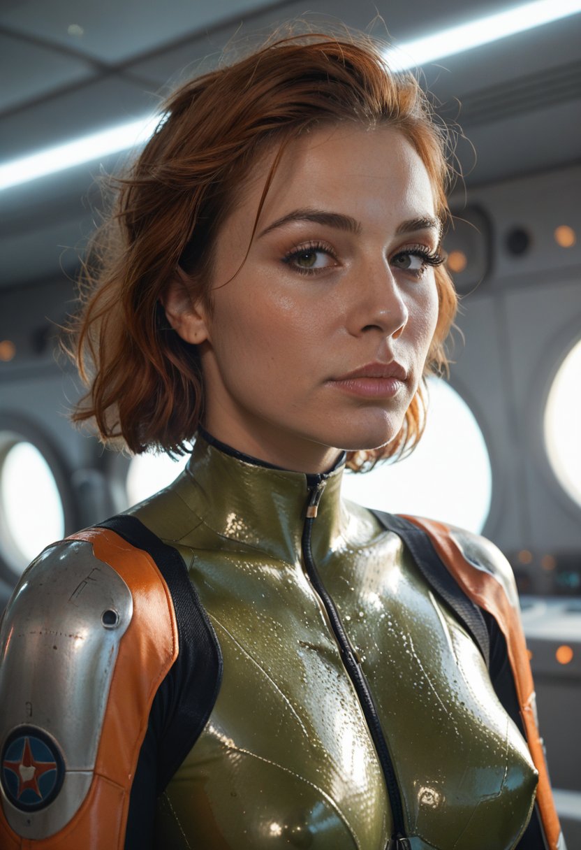 score_9, score_8_up, score_7_up, female character, photorealistic,scaled green body suit, heart shaped cutout, orange short bobbed hair,long eyelashes, subtle makeup, light skin, high-resolution image, soft lighting, dramatic lighting, spaceship background, science fiction, chiaroscuro, realisticer, front view