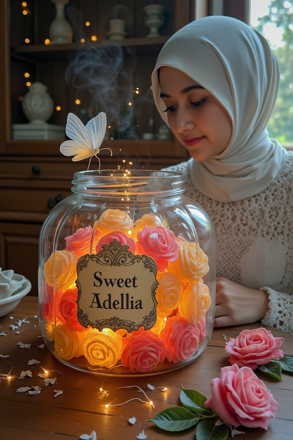 witchy ritualistic alchemy insanely detailed macro textured poster close up magic  glistening transparent  pumpkin jar with vintage label with text saying "Sweet Adellia" full of detailed colorfull roses-formed big jelly candies  placed on the table in room, cute transparent flying out white butterfly. cookies sparks, glitter beautiful style ultra detailed complex analog raw photo window, stars Hudson River School, Repin Kuindzhi expressive brushstrokes mixed with wash. The backgroud is AdelliaHalim with white hijab looking the jar. masterpiece , transparence intricated lighting, dynamic shadow play sparks , water air perspective high deepness cinematic foggy