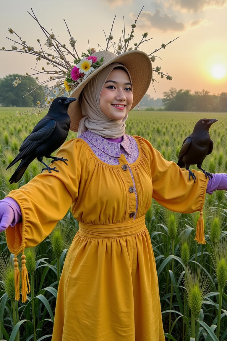 Highly detailed and exquisite detail, Upper body mid-shot, in the center of the frame is a girl AdelliaHalim dressed as a scarecrow, surrounded by a wide green barley field. The scarecrow, made of dry branches, dried flowers and straw, has a joyful expression and a happy smile, and wears an old and worn ((wide-brimmed)) straw hat that falls just below her eyebrows. She is wearing a vividly colored pearl yellow cotton shirt and purple velvet gloves, her arms are outstretched to the side, and two crows are sitting on her arms, which are very detailed and depicted. There is a sunset and natural light in the background. The subject's features are highly detailed and anatomically correct, and the vividly colored subject is set against a random natural background. Every texture, every realistic skin, every wrinkle, every hijab is rendered in 8k resolution with realistic painting quality, inviting the viewer into this dreamlike world.