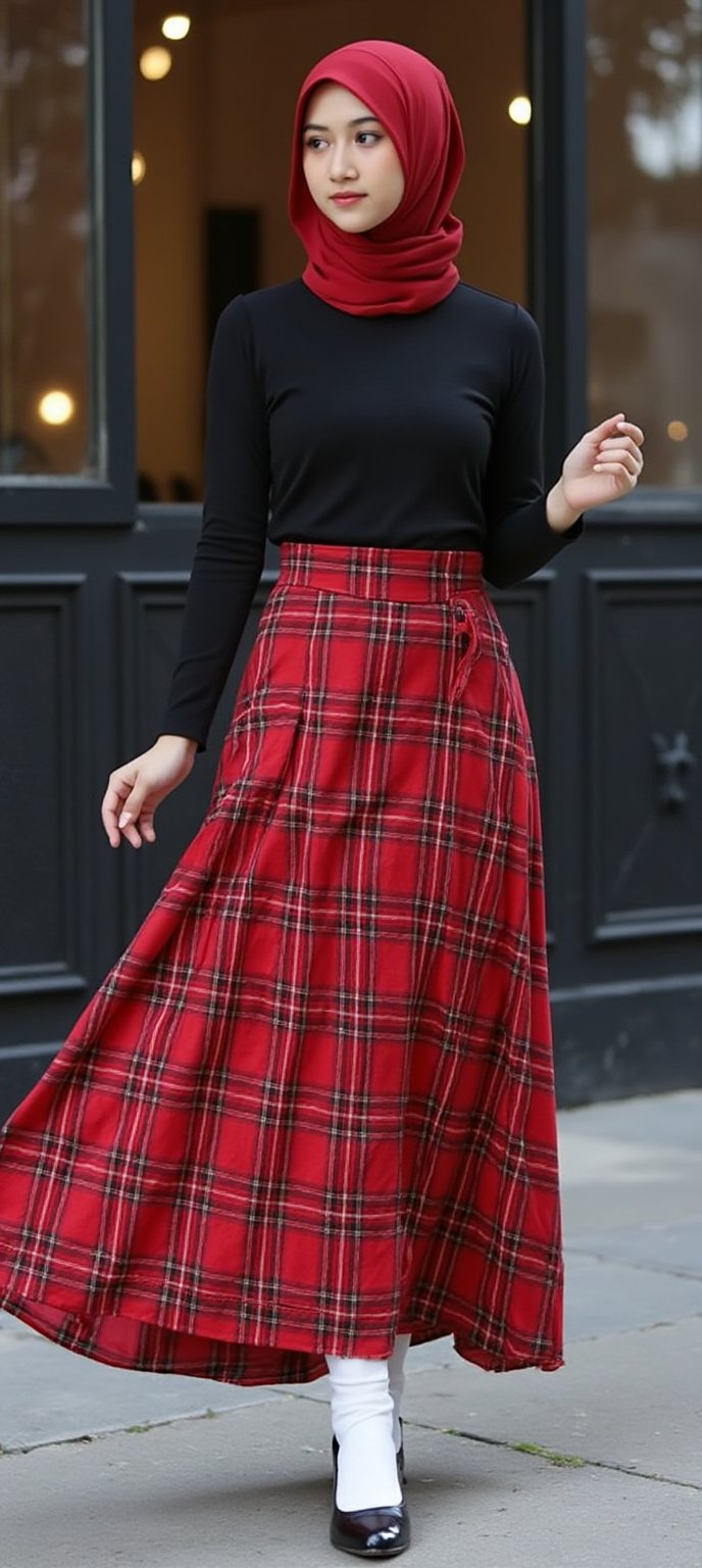 The image features a girl AdelliaHalim with a striking appearance, wearing a red plaid skirt, which are the most prominent colors in the image. Her outfit is complemented by a black long-sleeve top and white knee-high socks, creating a bold contrast. Her expression is serious and confident, with her red hijab styled in waves that add a dynamic element. The background is blurred, focusing attention on her as the main subject. The overall theme suggests a fashion-forward, urban style, with the lighting highlighting her features and attire. The image captures a sense of movement and individuality, emphasizing her poised stance and the flow of her long skirt.