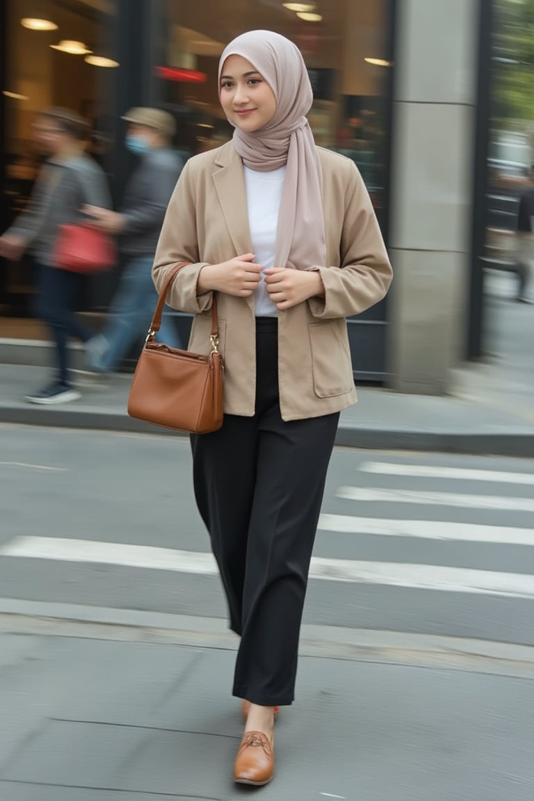 Asia women candid on street , AdelliaHalim wears hijab, full body , walking confidently, smile, natural light , motion blur , low angle shot,