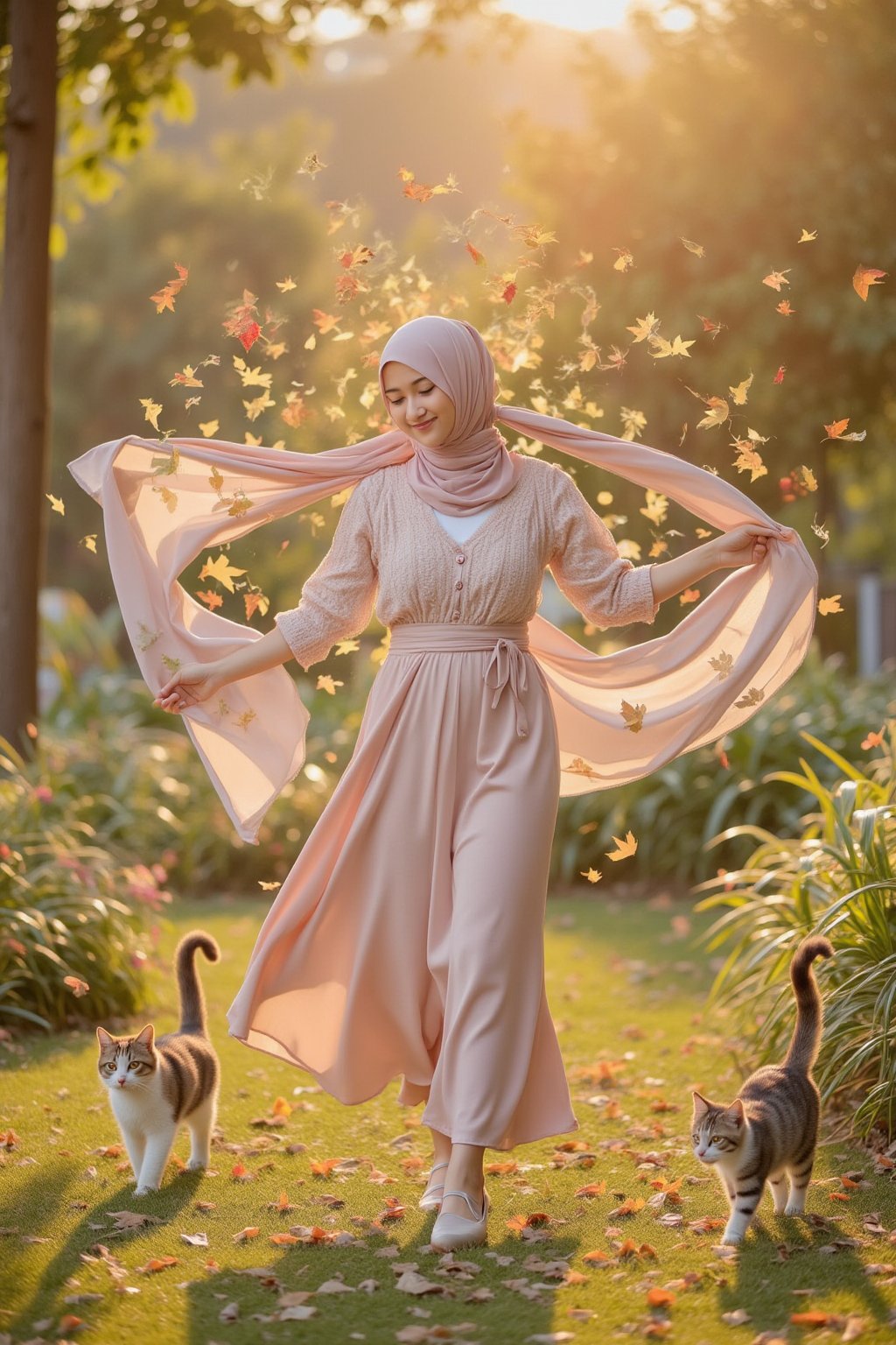 A serene face-to-face shot of a hourglass body girl AdelliaHalim with hijab-clad joy as she playfully interacts with the natural surroundings at the park. Her long scarf dances in the gentle breeze, whipping up leaves that twirl around her like a whirlwind of color. Cats saunter into frame, adding to the whimsy. Golden sunlight casts a warm glow, highlighting her contented smile.