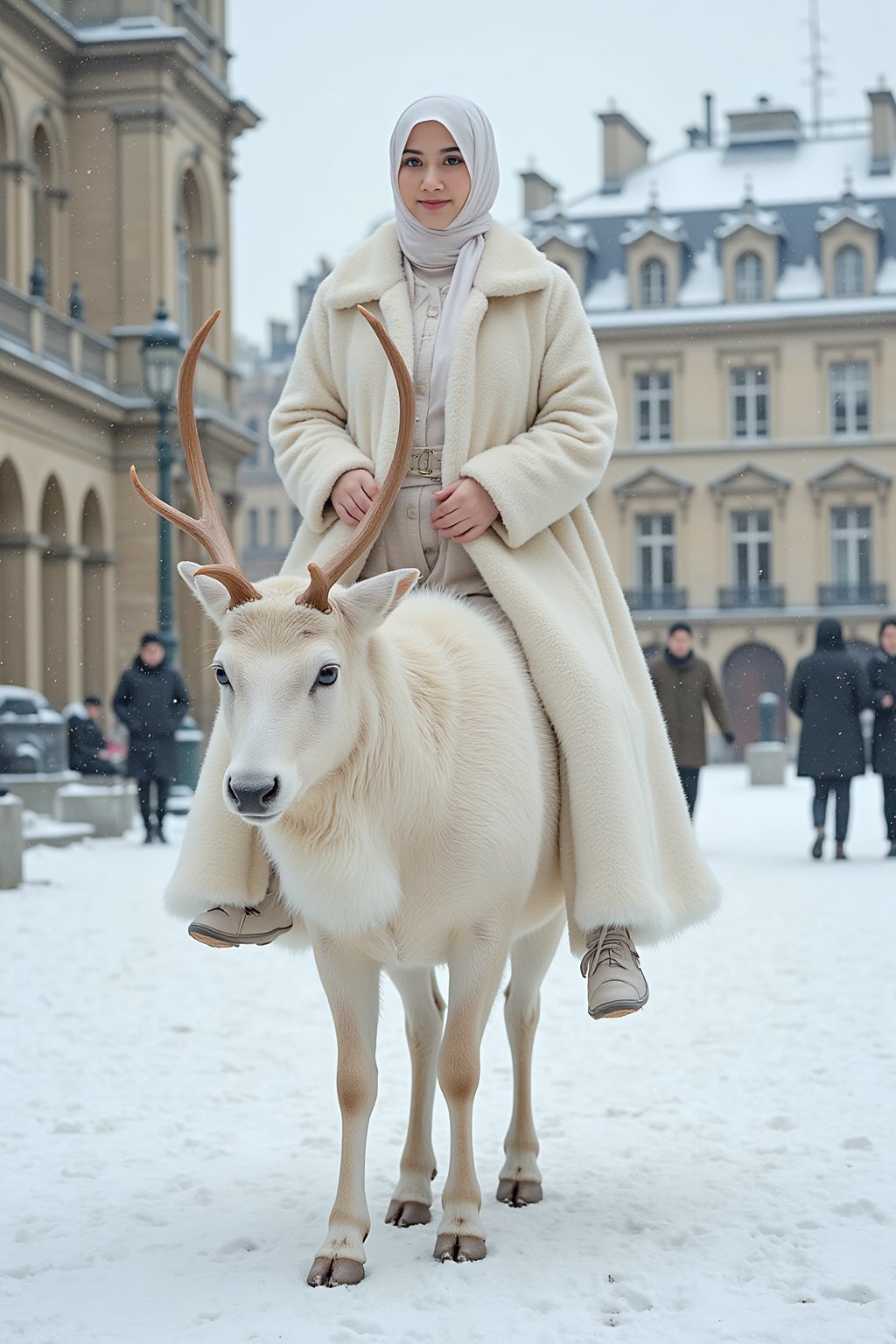 An AdelliaHalim is woman with long white hijab, dressed in a luxurious white fur coat, riding a woolly deer through a snow-covered historical city square, in front of the camera, closeu up 1.5 | Paris architecture in the background | realistic winter atmosphere | photorealistic style