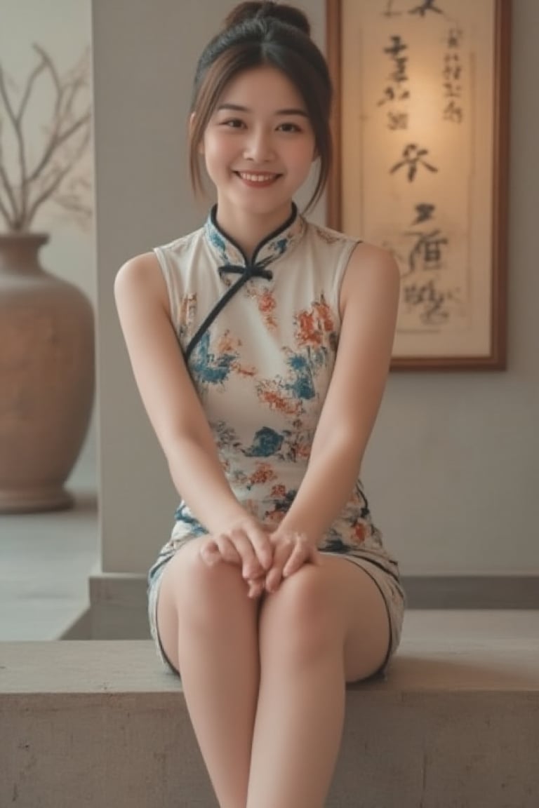 A young beautiful woman in a modernized cheongsam with a 1920s-inspired style sits on a wall, legs swinging playfully, upper body close-up revealing a sweet smile. Her hair is elegantly styled in a vintage 1920s updo. Soft natural lighting highlights her face, composition centered on her expressive eyes and gentle smile. The background features subtle Chinese elements, focusing attention on her serene expression and relaxed posture.,scute,miyu