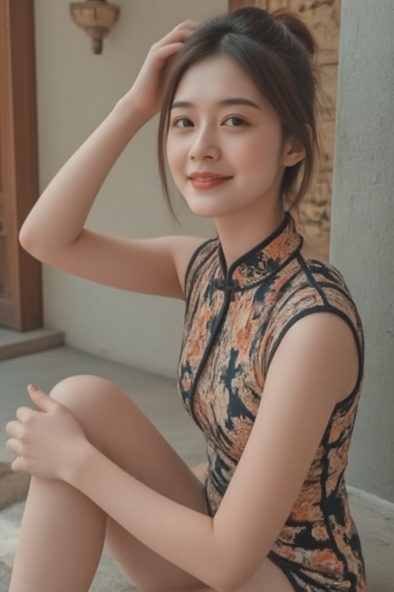 A young beautiful woman in a modernized cheongsam with a 1920s-inspired style sits on a wall, legs swinging playfully, upper body close-up revealing a sweet smile. Her hair is elegantly styled in a vintage 1920s updo. Soft natural lighting highlights her face, composition centered on her expressive eyes and gentle smile. The background features subtle Chinese elements, focusing attention on her serene expression and relaxed posture.,scute,miyu